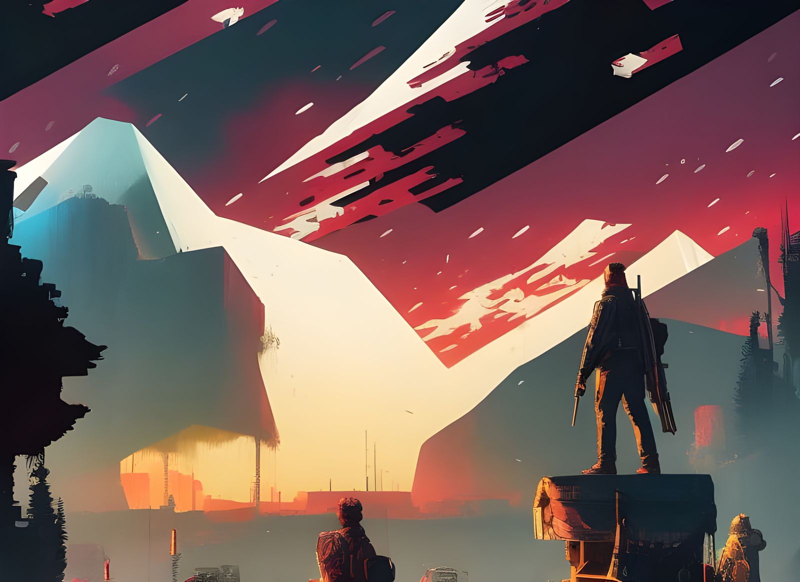 Post-Apocalyptic Skyline in Oil and Marbling Style