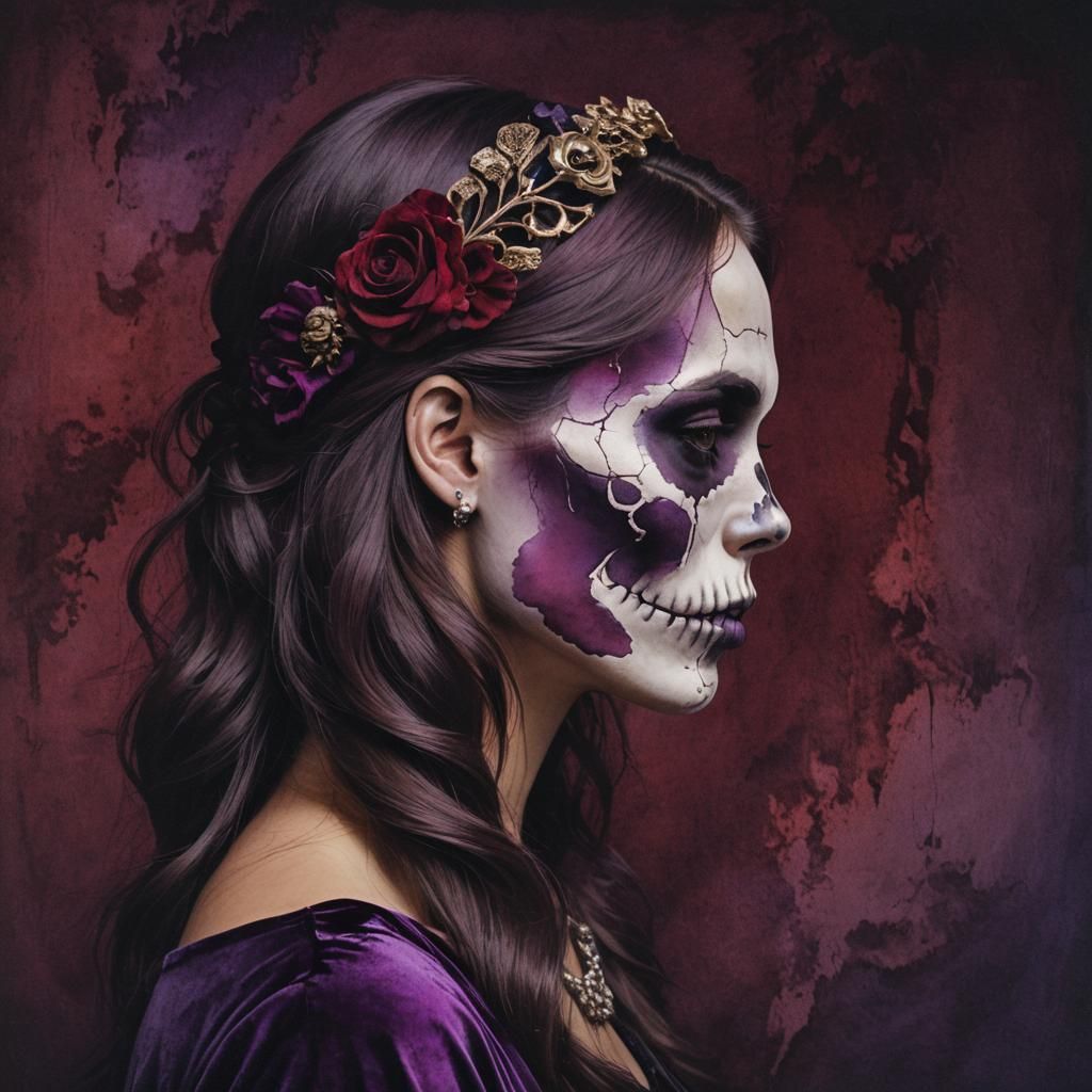 Eerie Woman's Profile with Skull in Dark Velvet