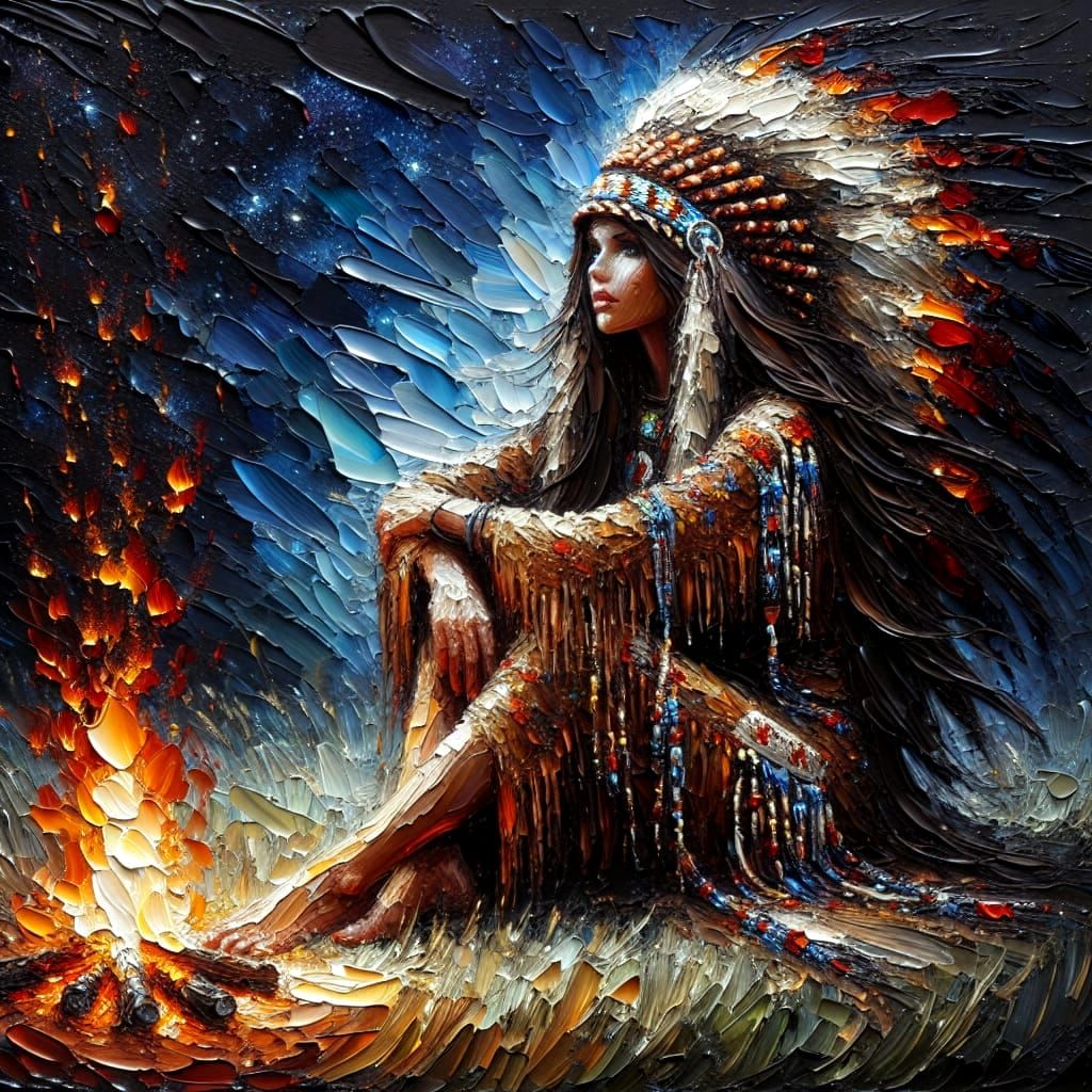 Native American Woman in Impasto Campfire Scene