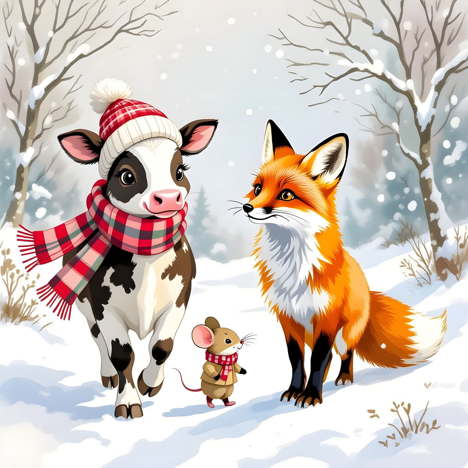 Charming Watercolor: Cow, Mouse, Fox in Winter