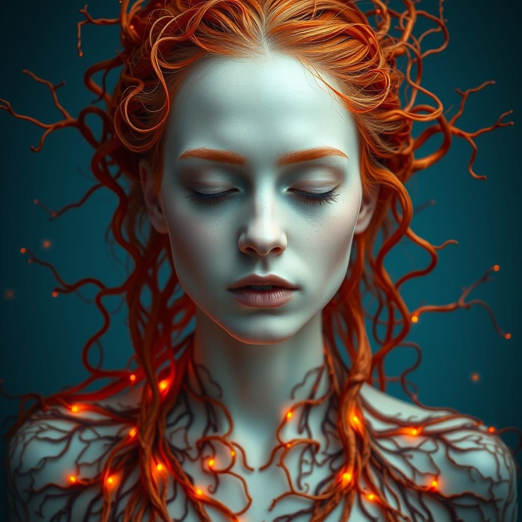 Woman with Fiery Hair in Surreal Digital Art