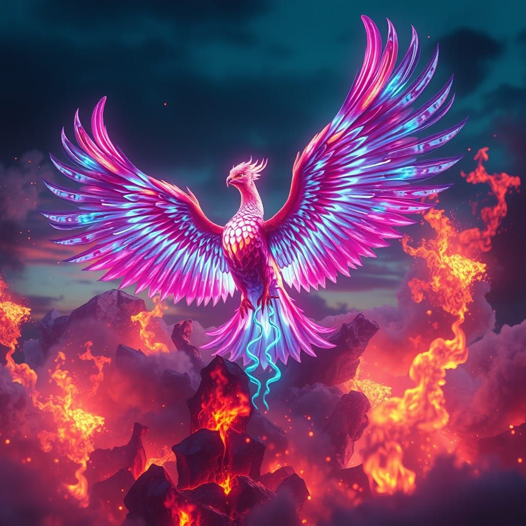Majestic Phoenix Rises in Holographic Flames