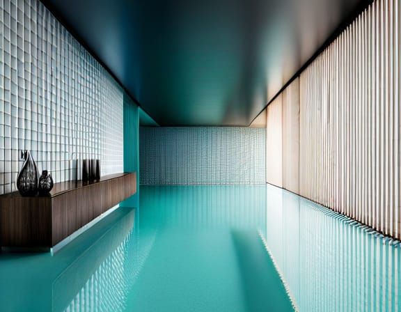 Eerie Poolcore: Flooded Hallway with White Tiles