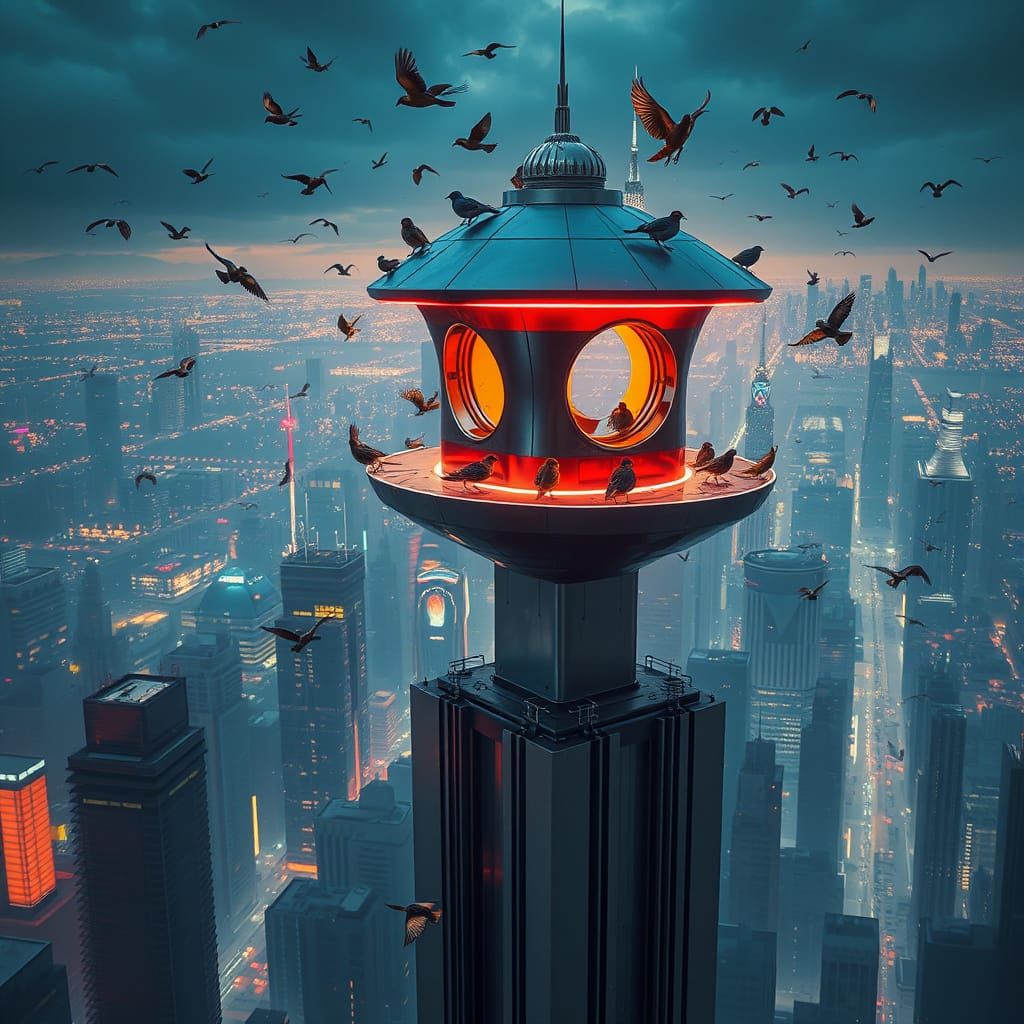 Cyberpunk Bird Sanctuary: Spaceship Birdhouse in Cityscape