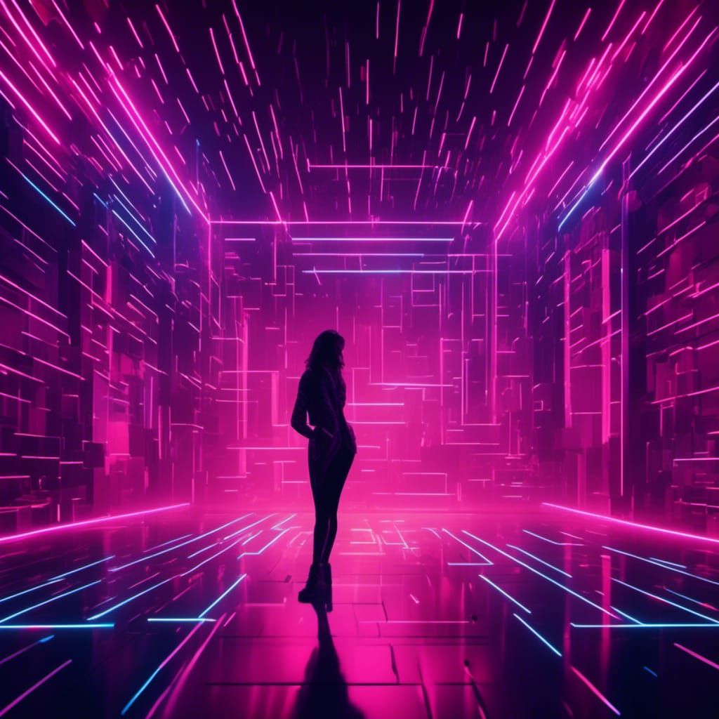 Nightclub Neon Lights and Dancing Silhouette in Cyberpunk St...