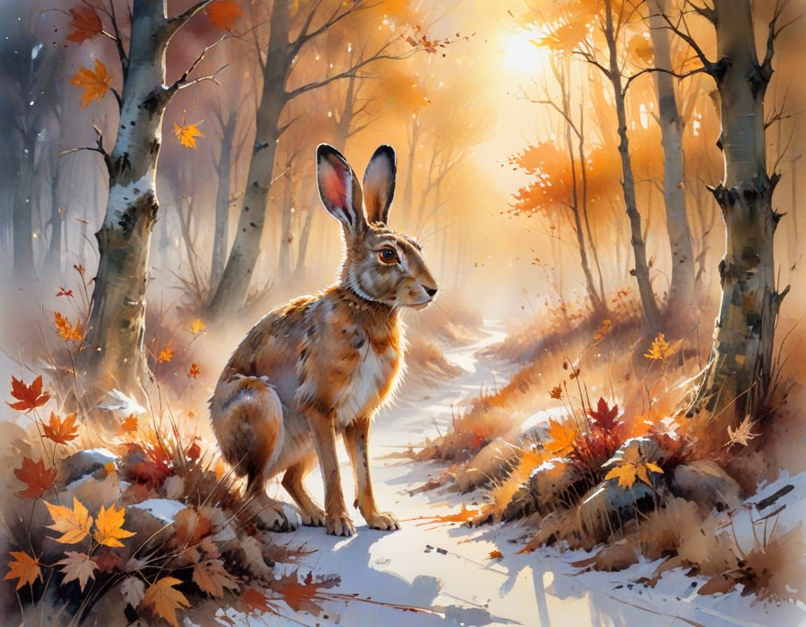 Winter Hare on Autumn Trail: Watercolor Painting