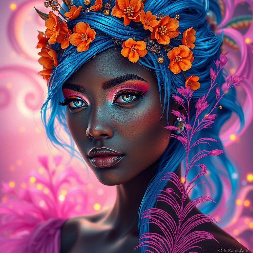 Ethereal Woman with Blue Hair and Floral Crown