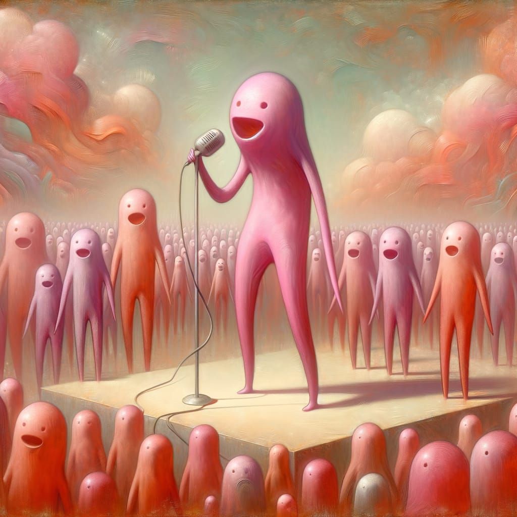 Whimsical Pink Comedian Performance as Surreal Painting
