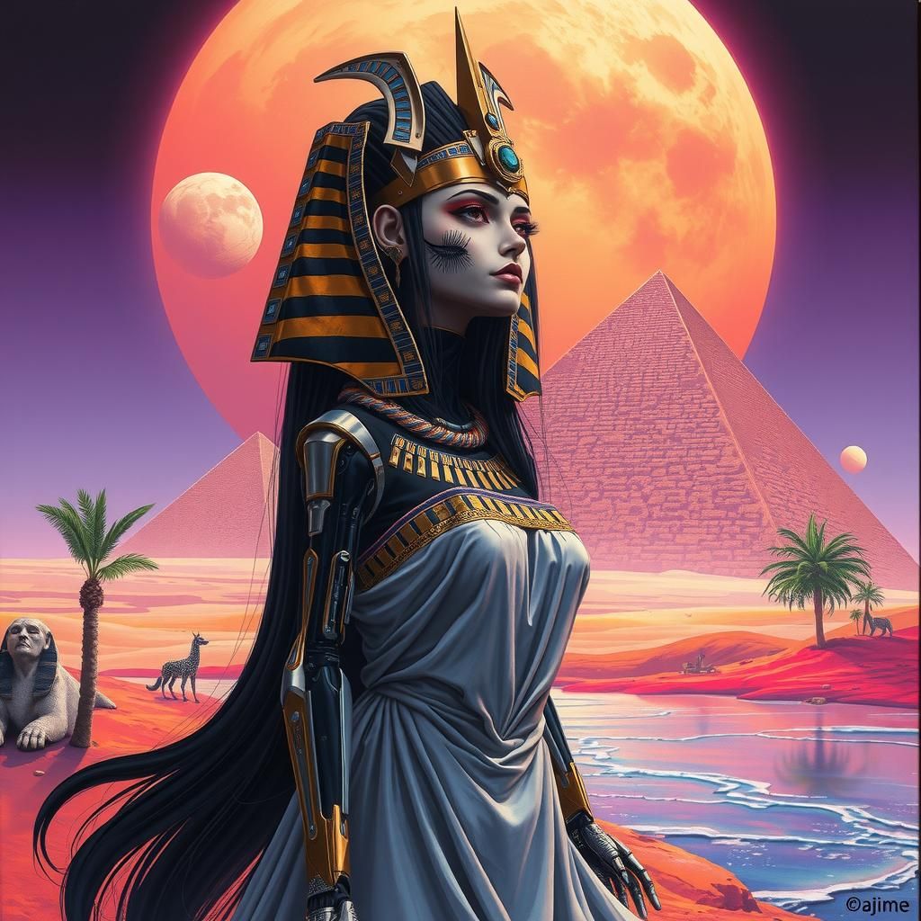 Cyborg Sphinx Woman in Retro Cyberpunk Style