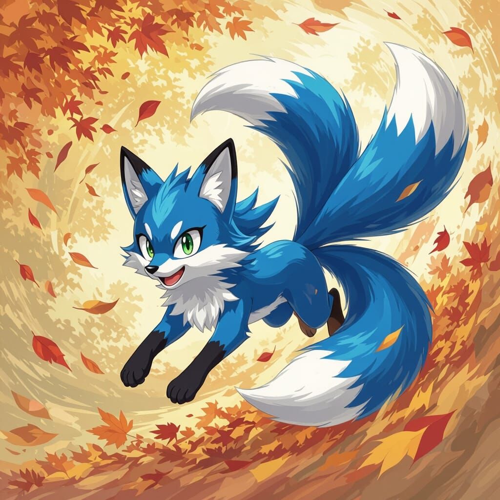 Blue Fox Spins Tails in Whirlwind, Vibrant Dynamic Style