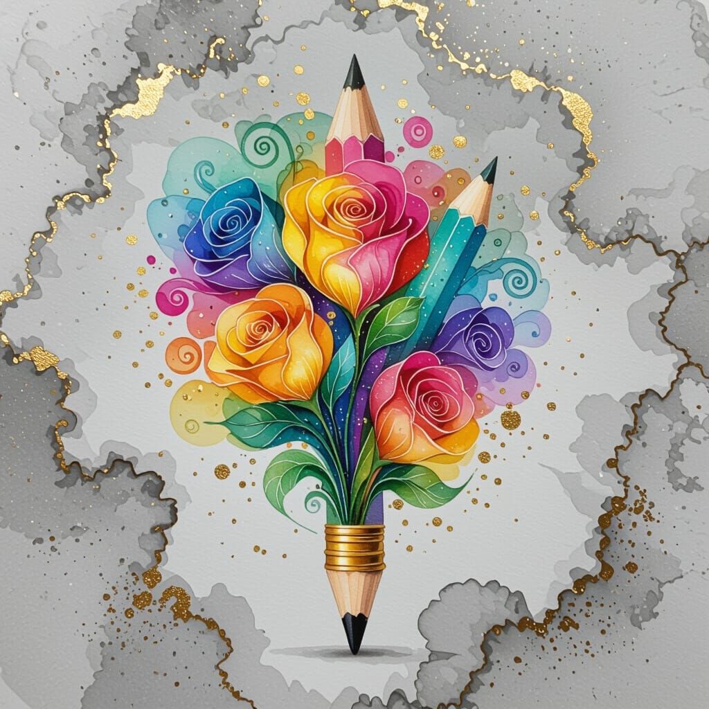 Pencil Transforms into Flower Bouquet in Alcohol Ink Art