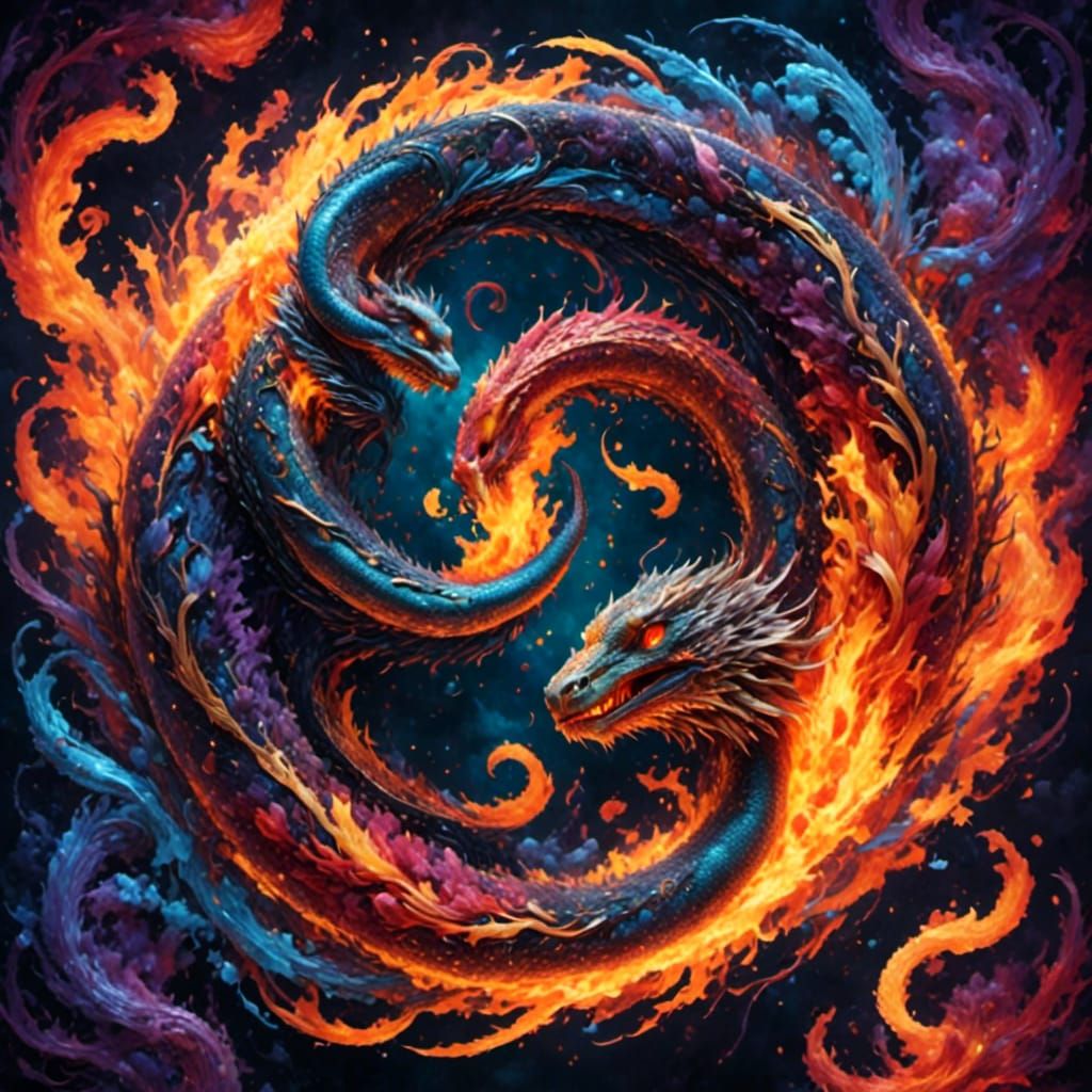 Yin Yang Snakes in Fire and Smoke