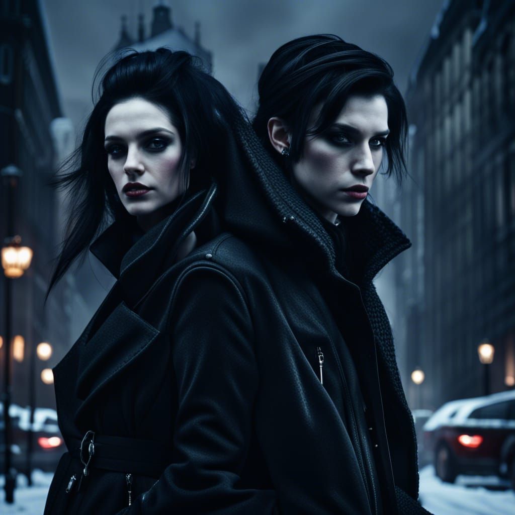 Gothic Siblings in Noir Winter Cityscape