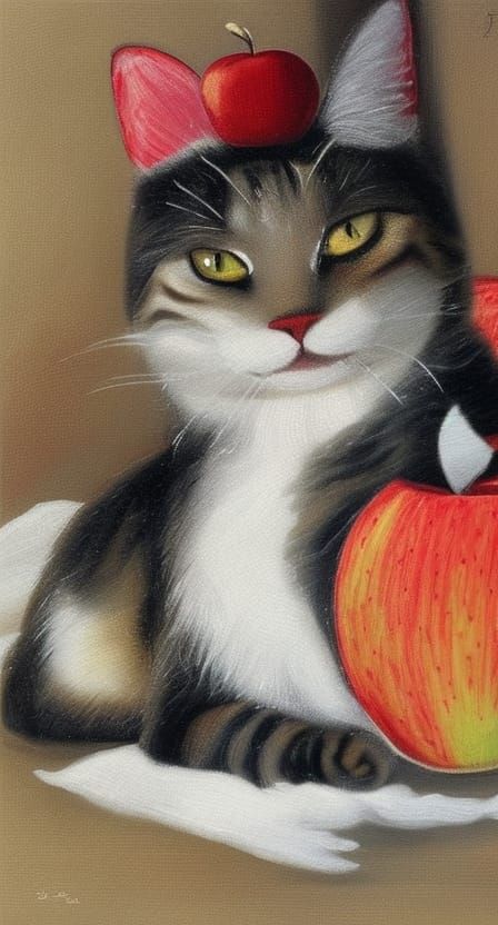 Cat with Apple in Winter Scene