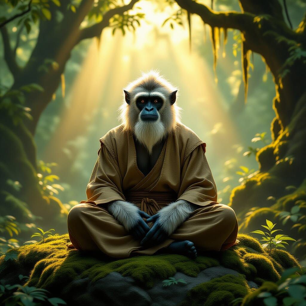 Ancient Gibbon Man in Mystical Forest Digital Painting