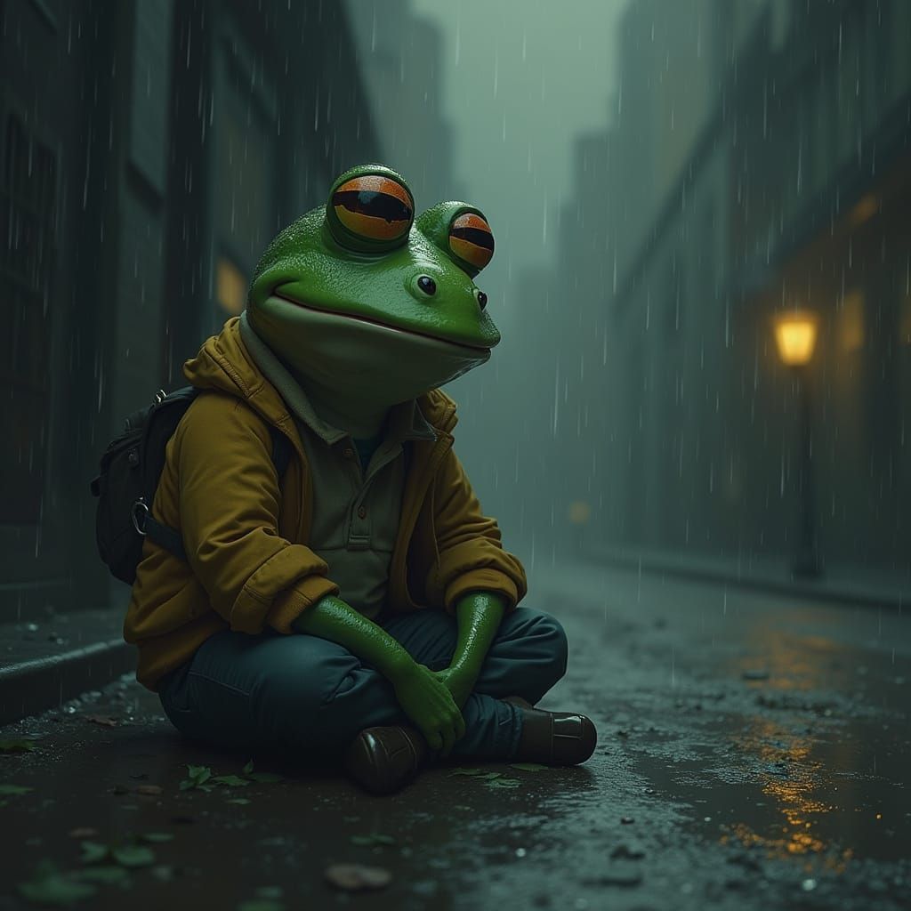 Melancholic Pepo the Frog in Rainy Cityscape
