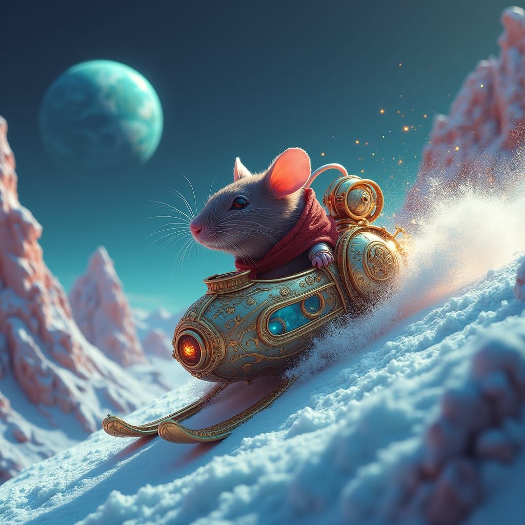 Majestic Rat Skis Down Moon Mountain in Retro-Futuristic Mic...
