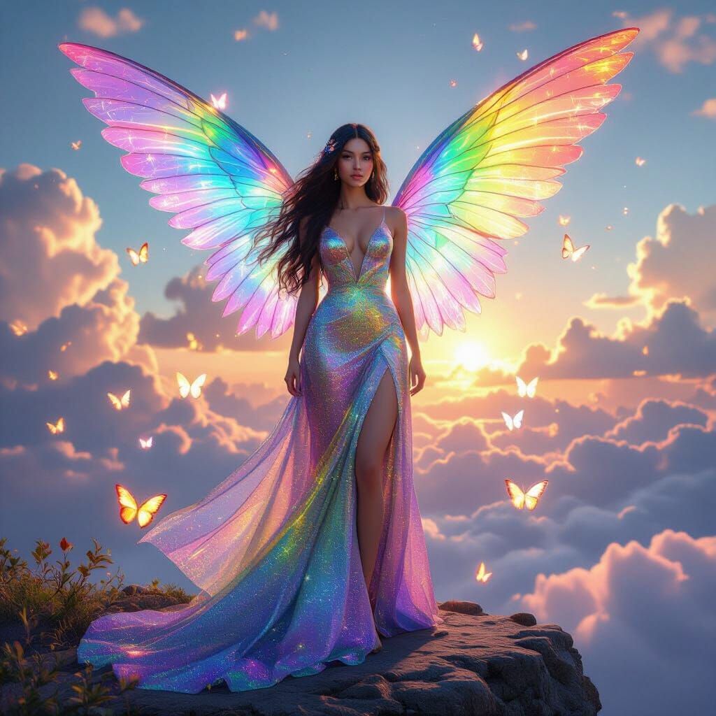 Beautiful Woman With Rainbow Wings On Rocky Ledge