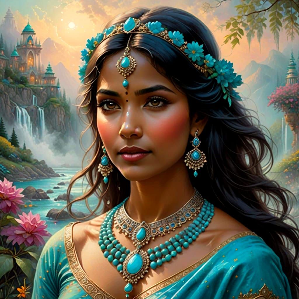 Indian Woman in Turquoise Jewelry: Ethereal Fantasy Art
