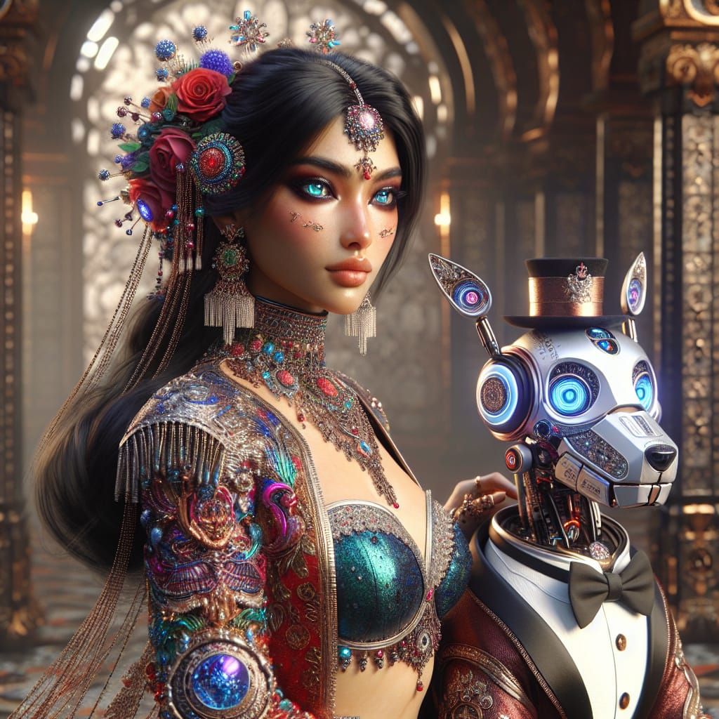 Hyperrealistic Portrait of a South Asian Bride and Robodog i...