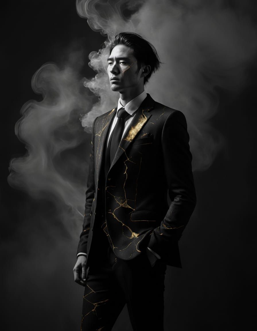 Surreal Kintsugi Portrait: Man in Suit with Golden Cracks