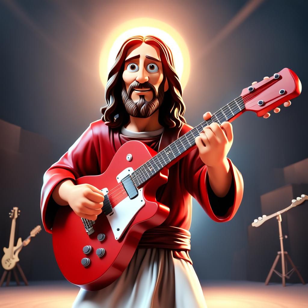 Cartoon Jesus Shreds on Electric Guitar in CGI