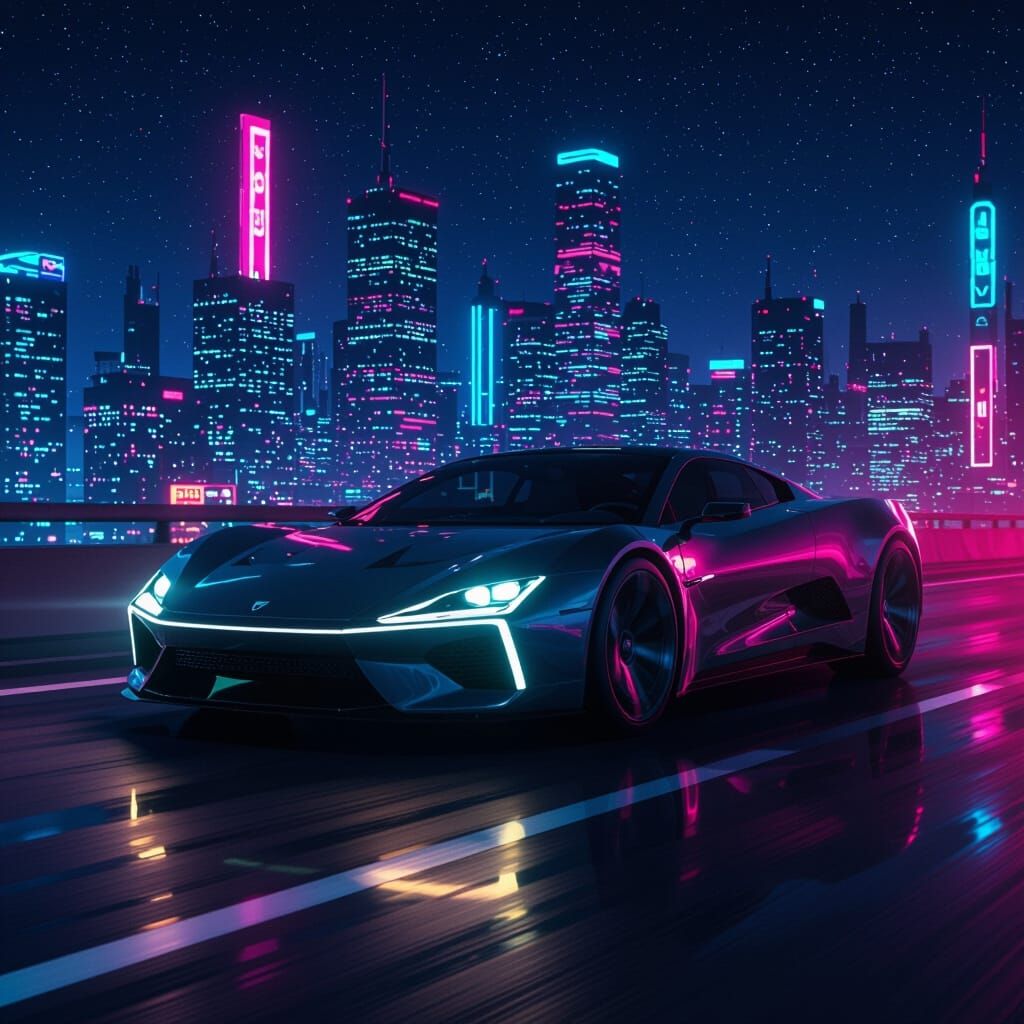 Sleek Car on Neon Highway in Cinematic Style