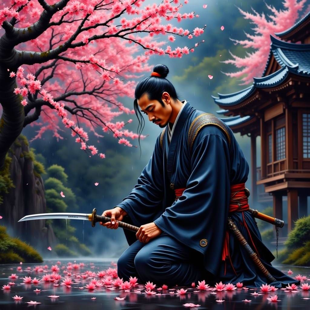 Sorrowful Samurai in Rainy Sakura Landscape