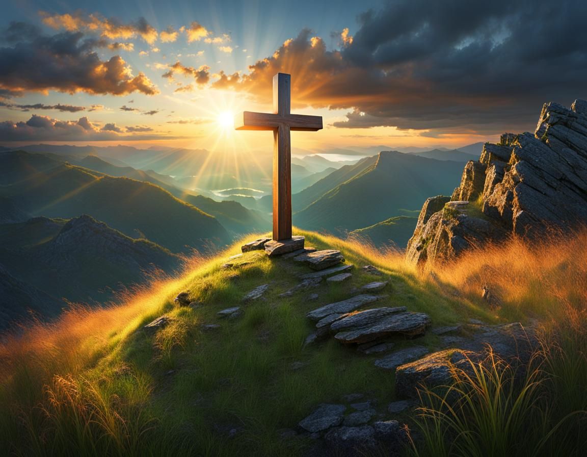 Mountain Top Cross at Dawn: Detailed Matte Painting