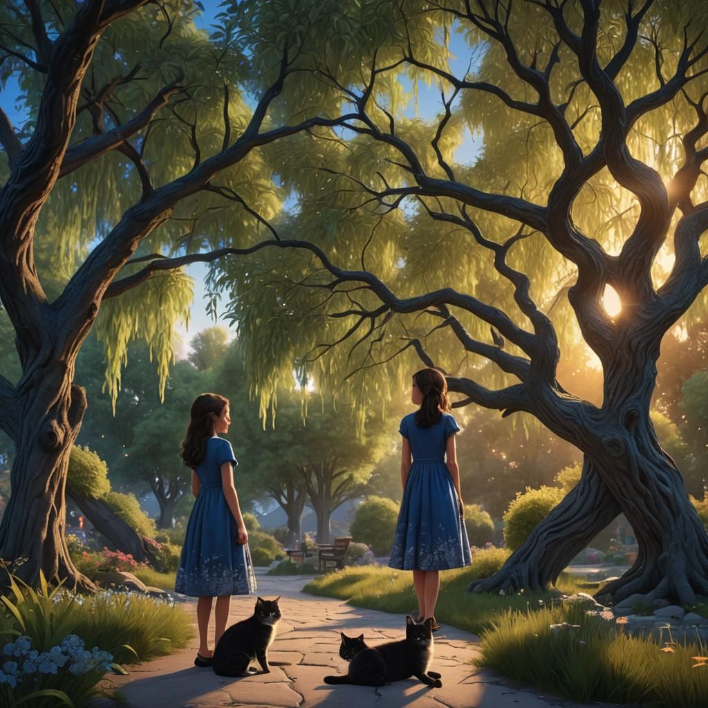 Girl with Cat by Willow Tree at Sunset