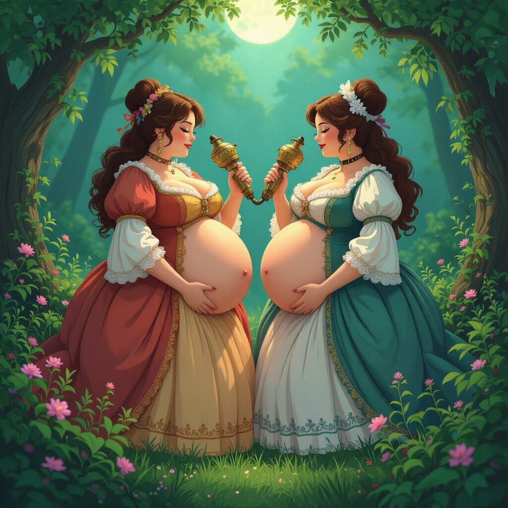 Victorian Women Inflating Bellies in Mystical Forest