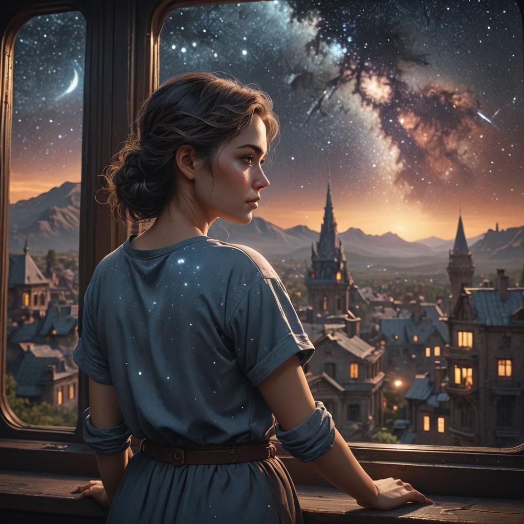 Woman Gazing at Stars: Detailed Matte Painting