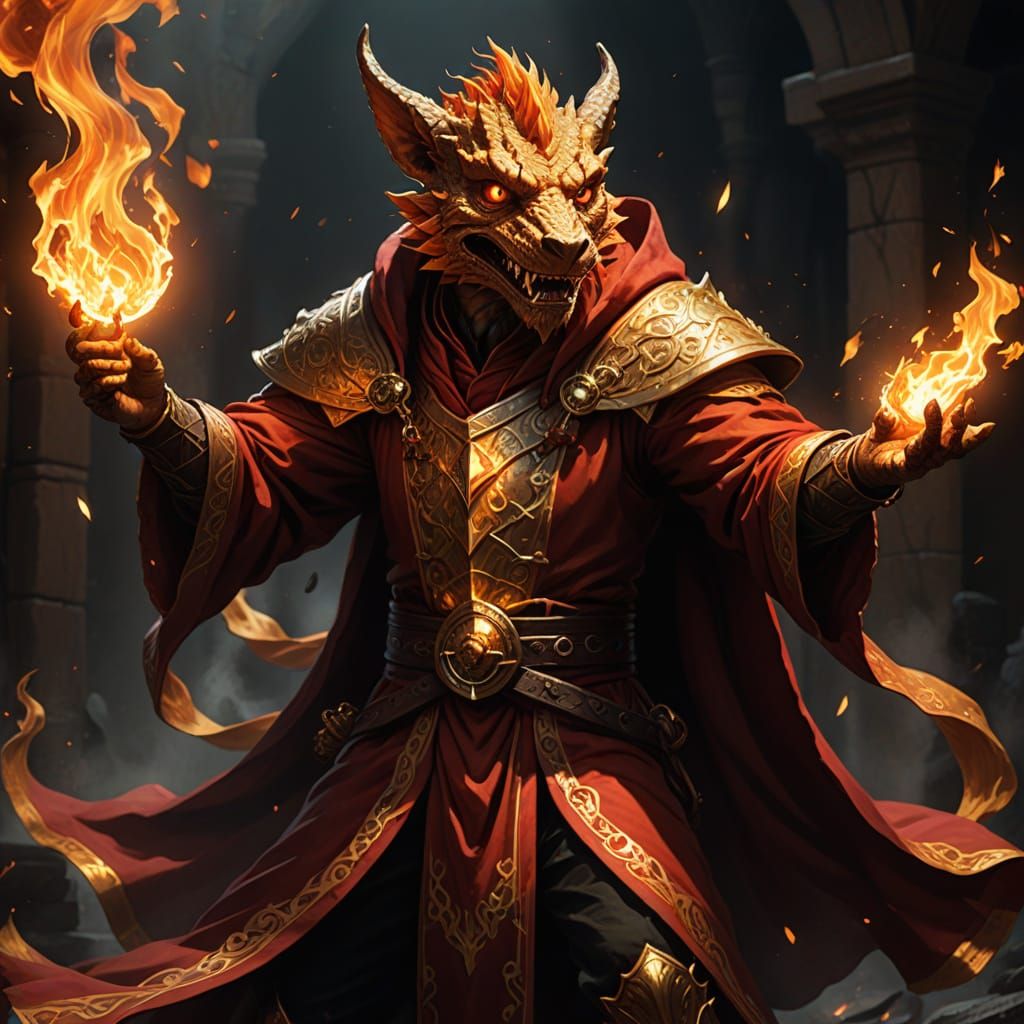 Gold Kobold Sorcerer Casting Fiery Spells in D&D Art Style