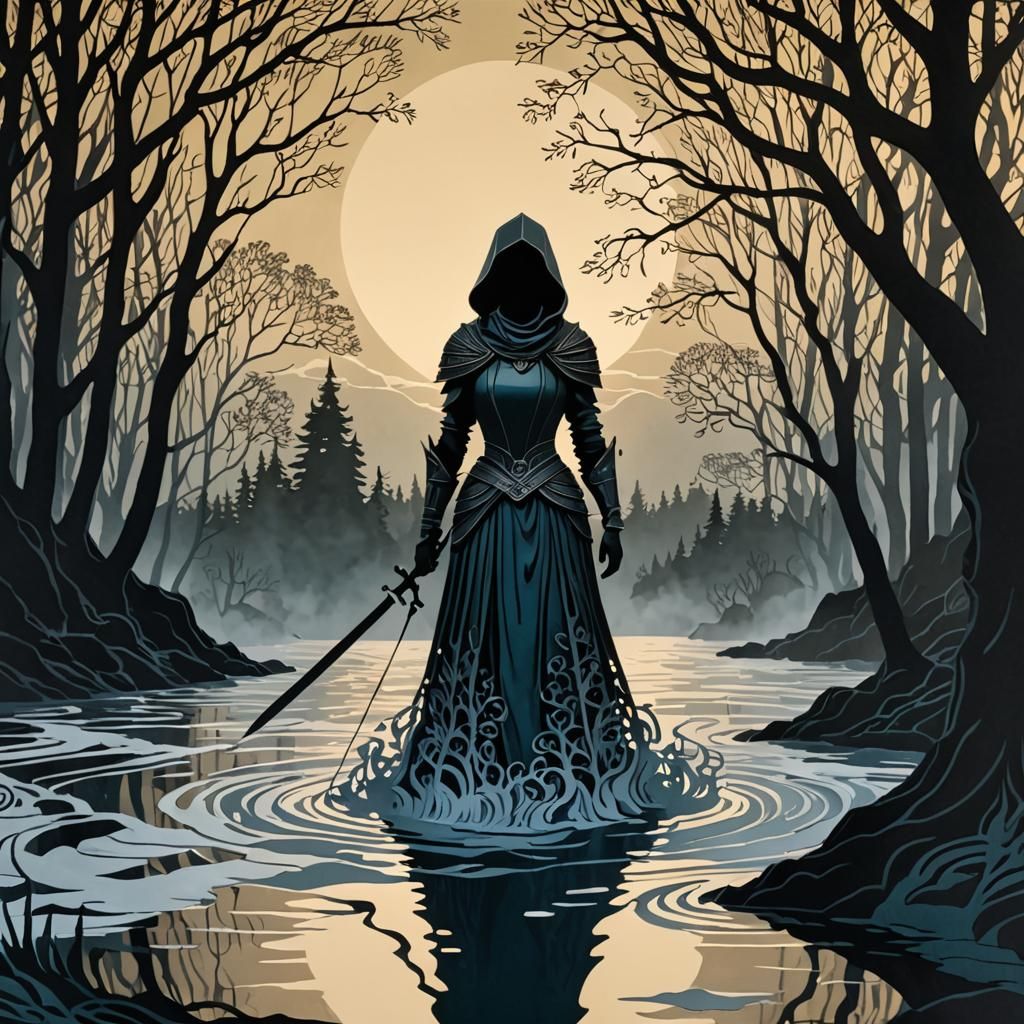 Woman Knight at Turbulent Lake in Papercut Art