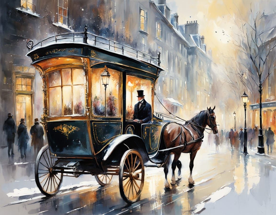 Horse-Drawn Carriage in Snowy London: Watercolour Painting