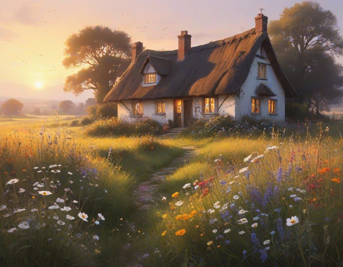 Cottage in Wildflower Meadow: Watercolour Painting