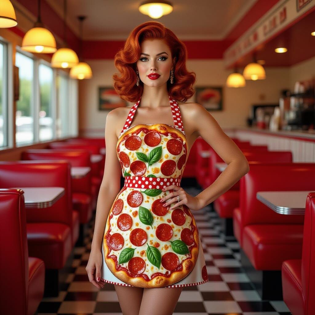 Pizza Apron Fashion in Retro Diner, Ultra-Realistic Photo