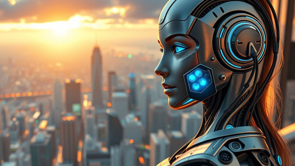 Futuristic Robot Gazing Over Metropolis in Golden Hour