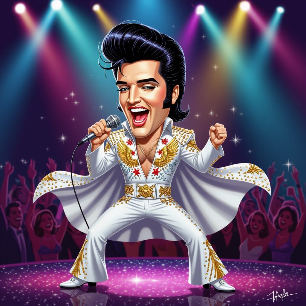 Energetic Elvis Caricature in Glittering Vegas Jumpsuit