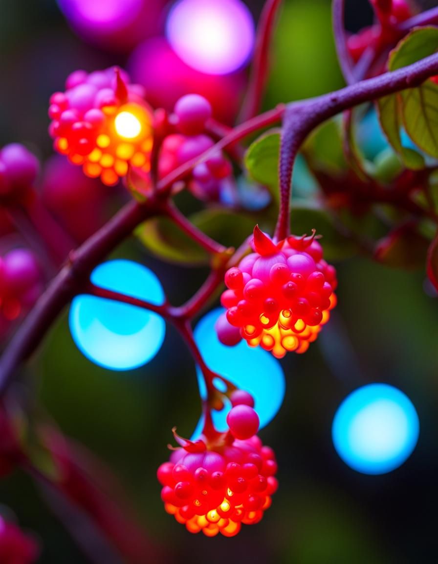 Magical glowing berries. Bioluminescent berries growing on bushes.