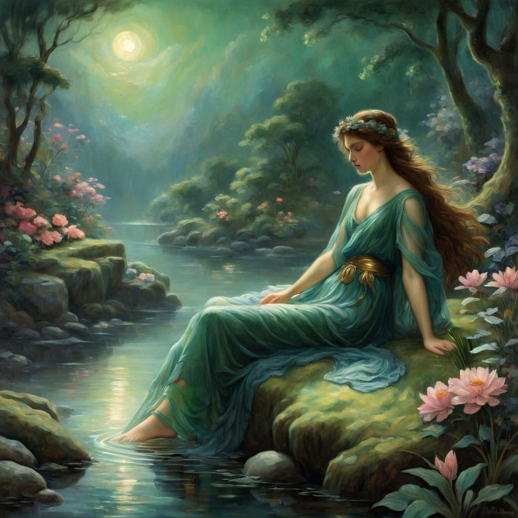 Serene Water Nymph in Lush Pre-Raphaelite Paradise