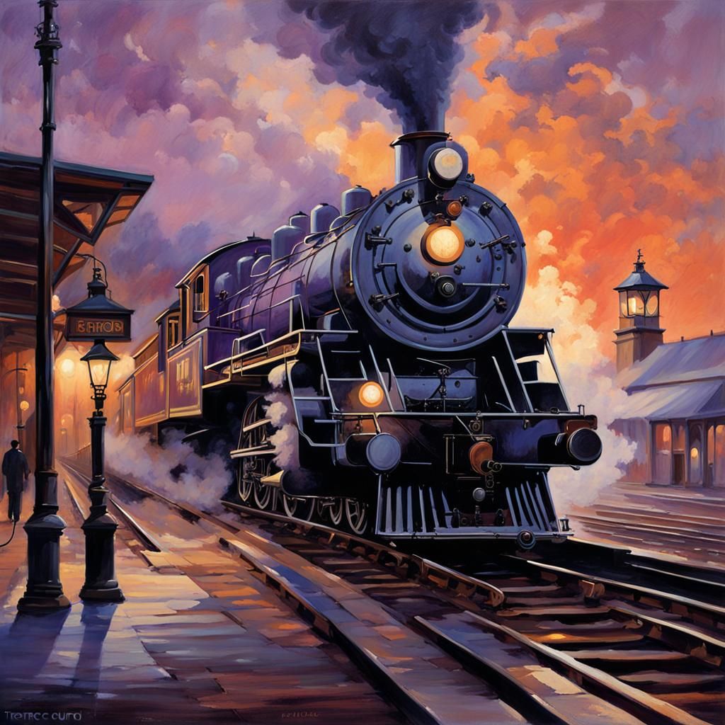 An artistic painting of an old train station at dusk