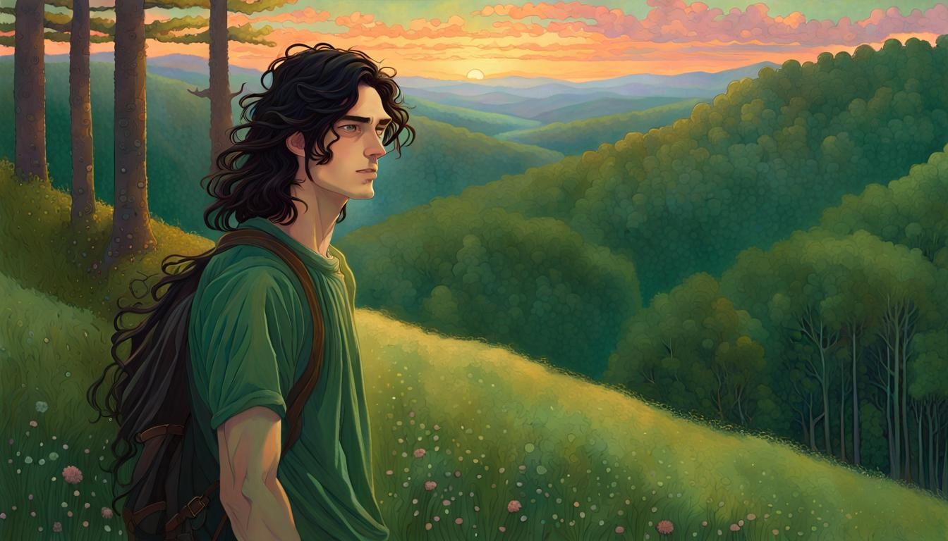 Handsome Man Hiking in Klimt-Inspired Forest