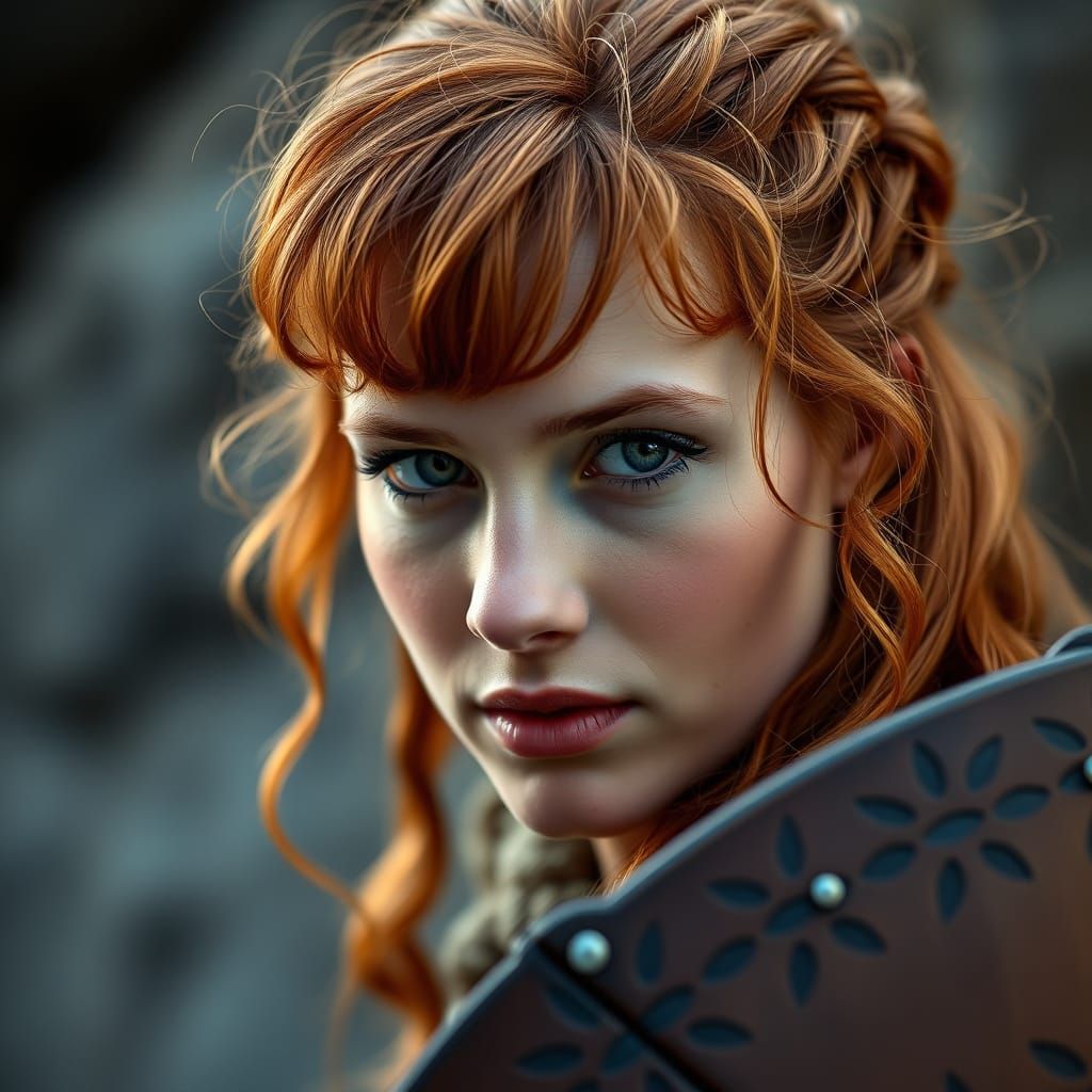Regal Auburn Haired Shield Maiden in Portrait