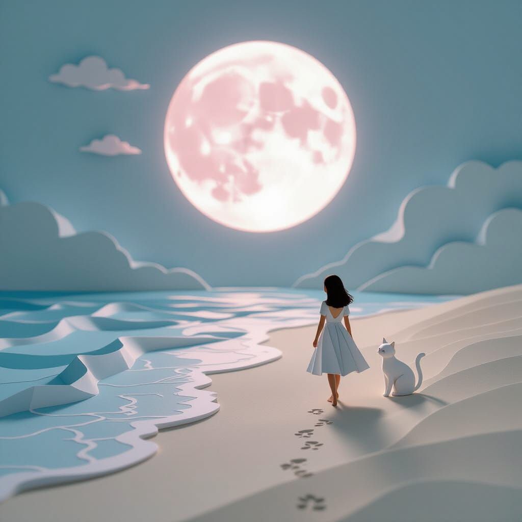 Whimsical Paper Beach Scene with Girl and Cat