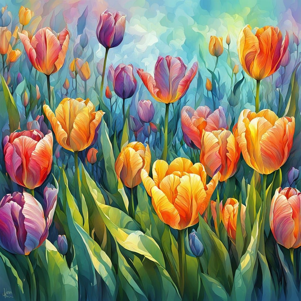 Abstract Spring Tulips in Digital Watercolor