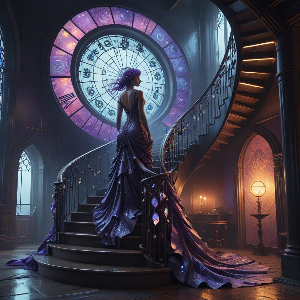 Ethereal Steampunk Goddess Ascends Cosmic Staircase