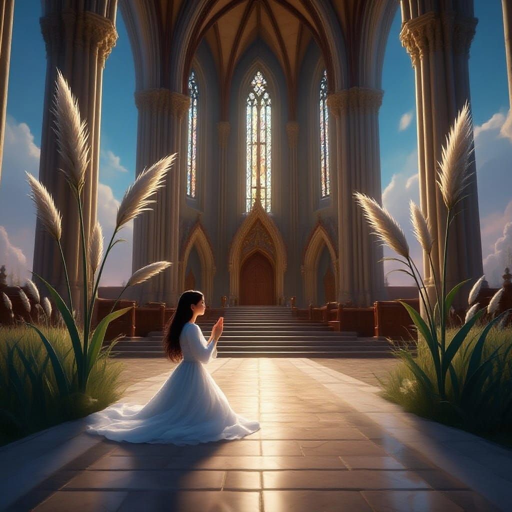 Little Girl Prays in Serene Church - Fantasy Art