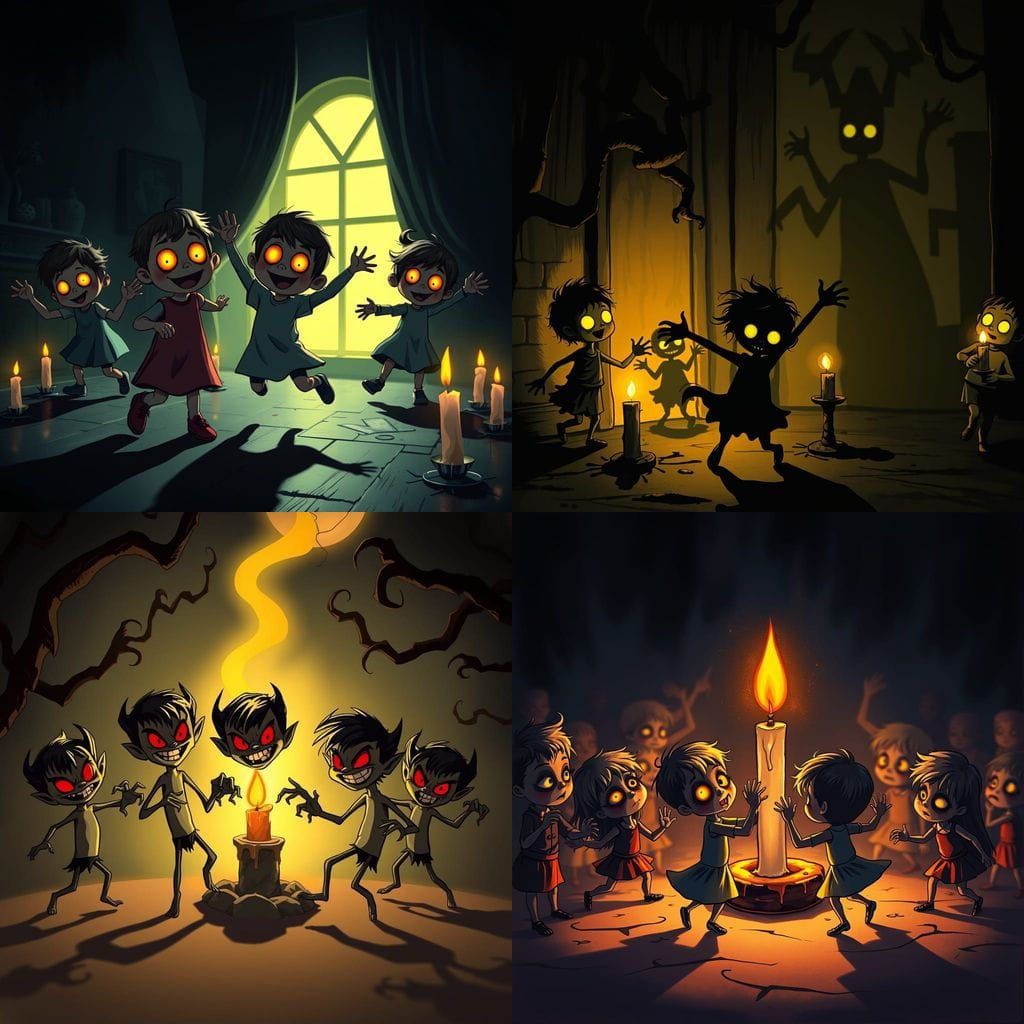 Creepy Cartoon Horror: Children Dancing in Candlelight