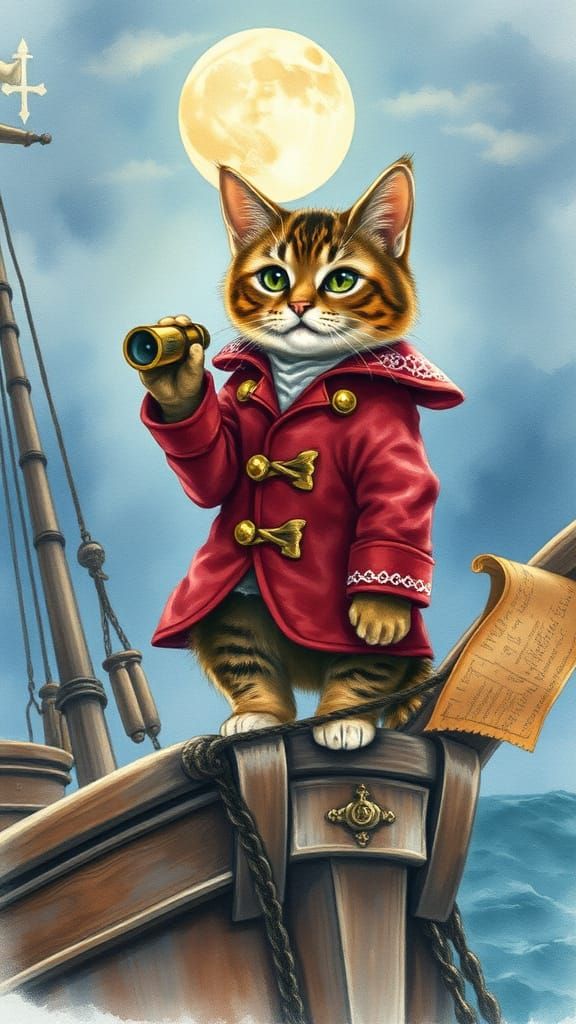Tabby Cat Pirate on Ship in Watercolor Style